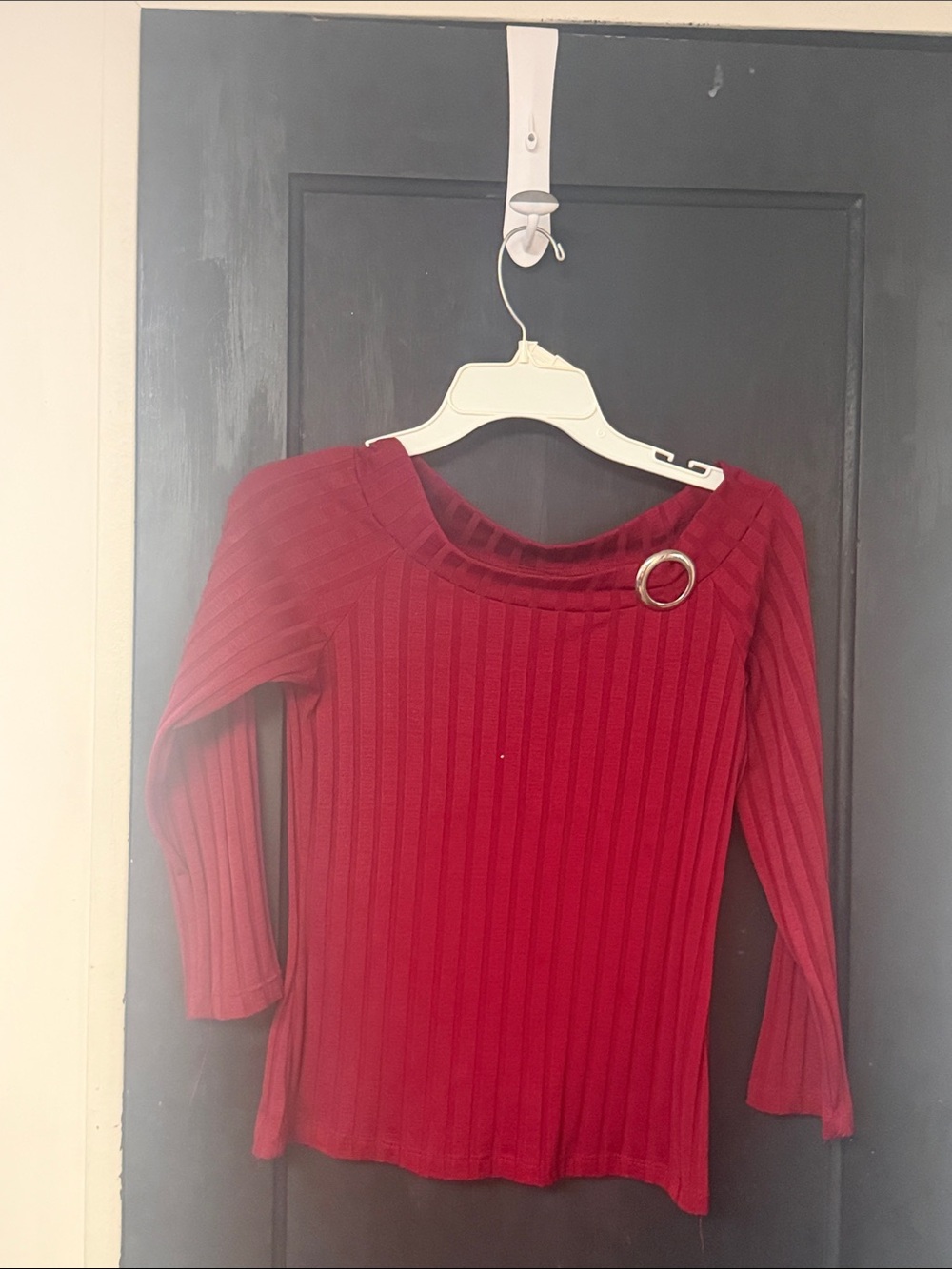 Red Ribbed Long Sleeve Top with Decorative Ring